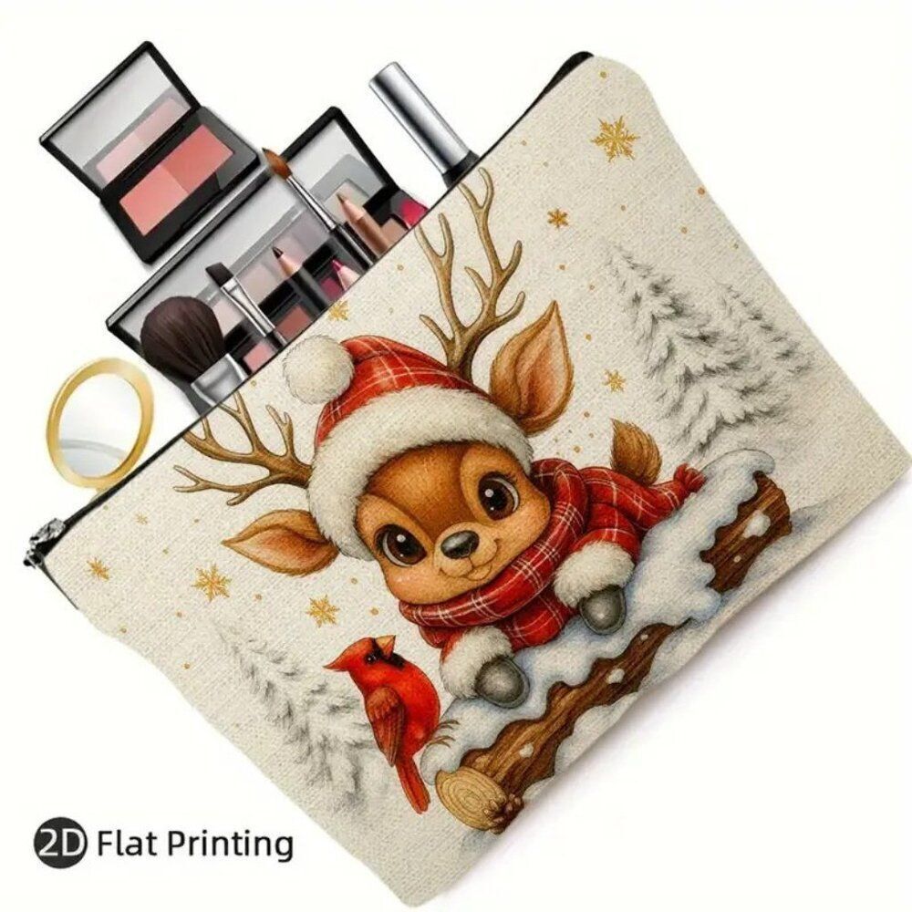 Christmas Winter Reindeer and Cardinal Travel Makeup Bag Double Sided Printed